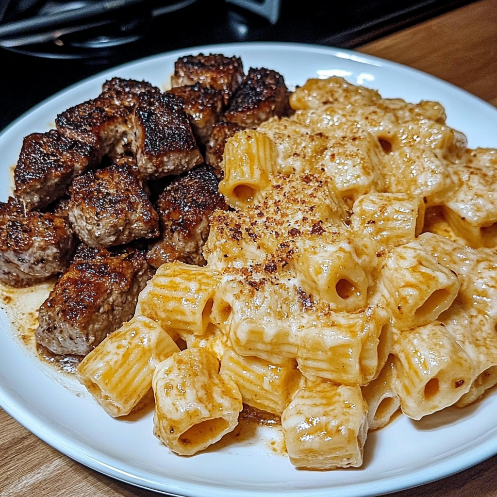 Recipe preparation for Cajun Steak Cheesy Rigatoni Parmesan