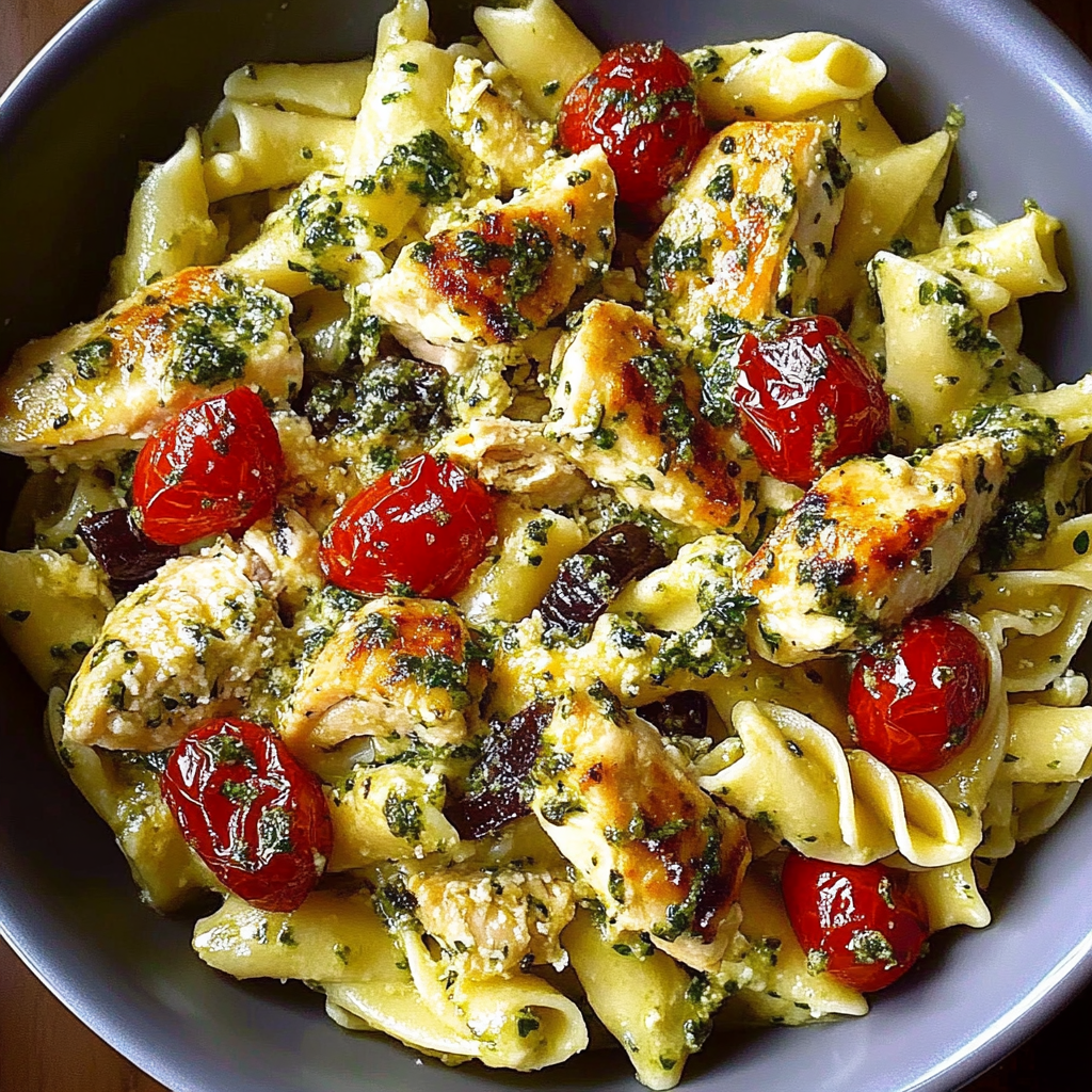 Recipe preparation for Creamy Chicken Pesto Pasta