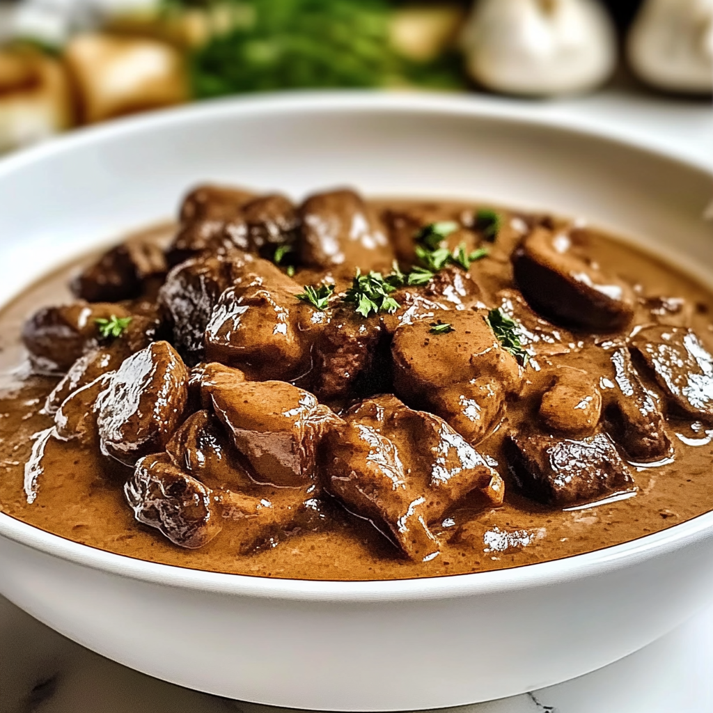 Recipe preparation for Creamy Crockpot Beef Tips & Mushrooms