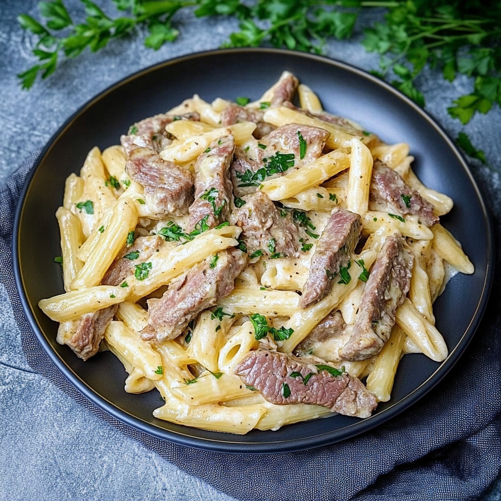 Recipe preparation for Steak Creamy Garlic Pasta