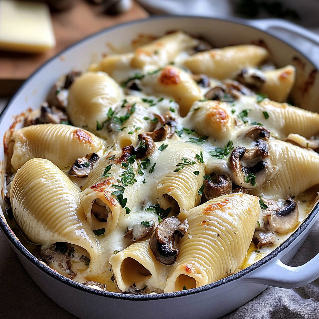 Recipe preparation for Creamy Garlic Mushroom Stuffed Shells