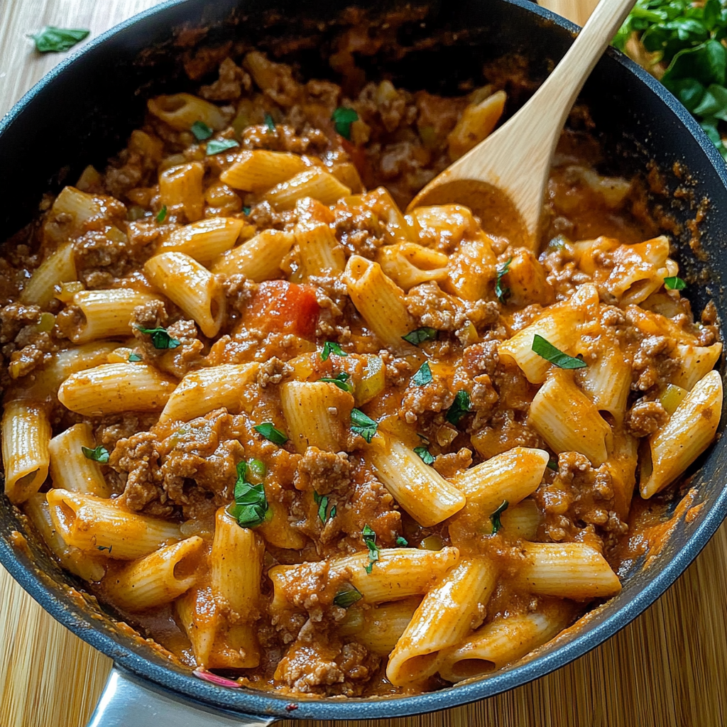 Recipe preparation for Cheesy Beef Pasta