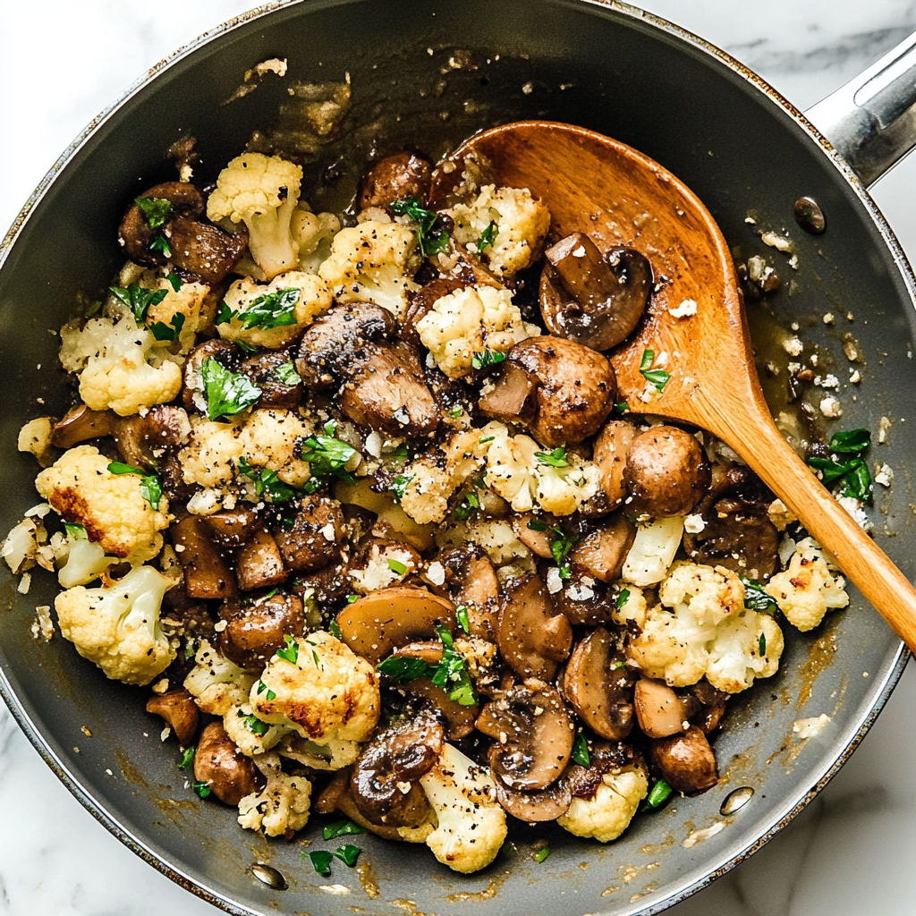 Recipe preparation for Garlic Mushrooms Cauliflower Skillet