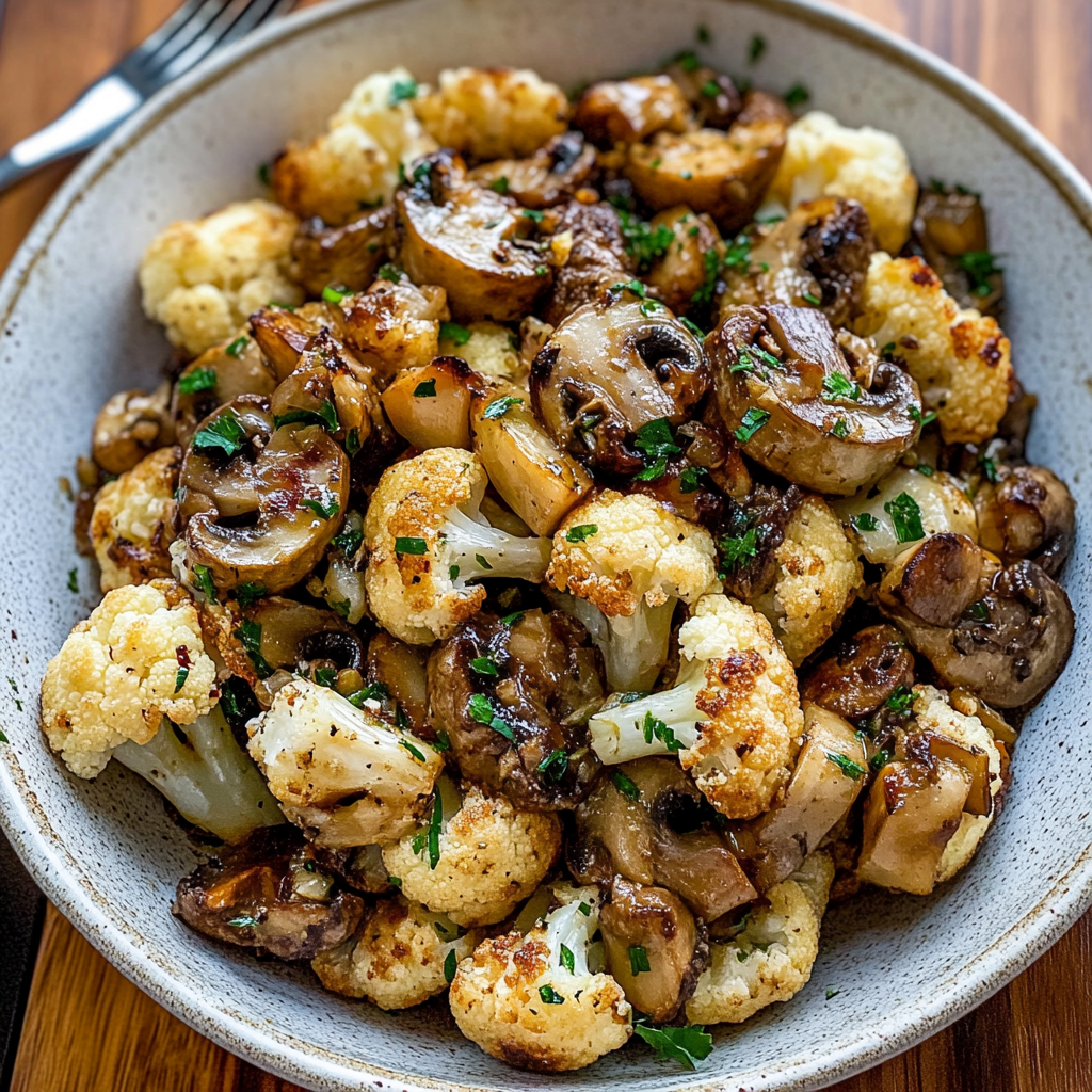 Recipe preparation for Garlicy Roasted Cauliflower & Mushrooms