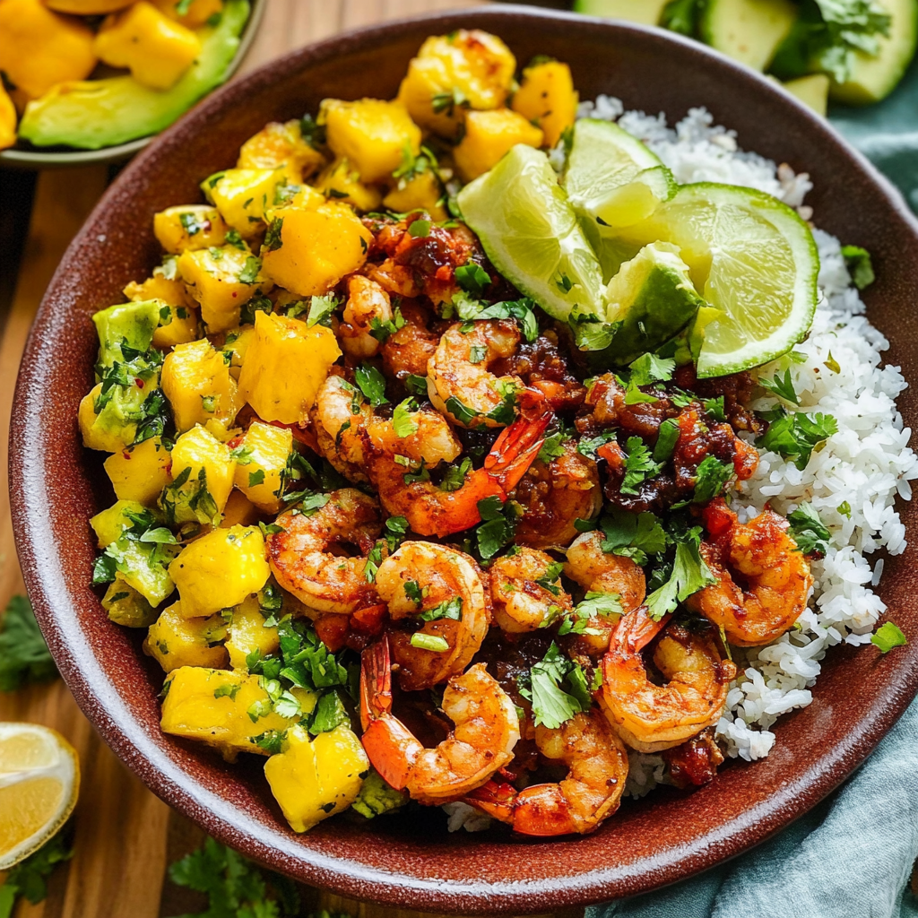 Recipe preparation for Shrimp Avocado Bowl with Mango Salsa