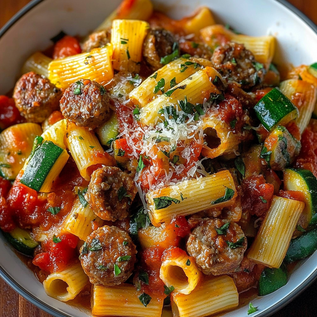 Recipe preparation for Rigatoni with Sausage, Tomatoes, and Zucchini