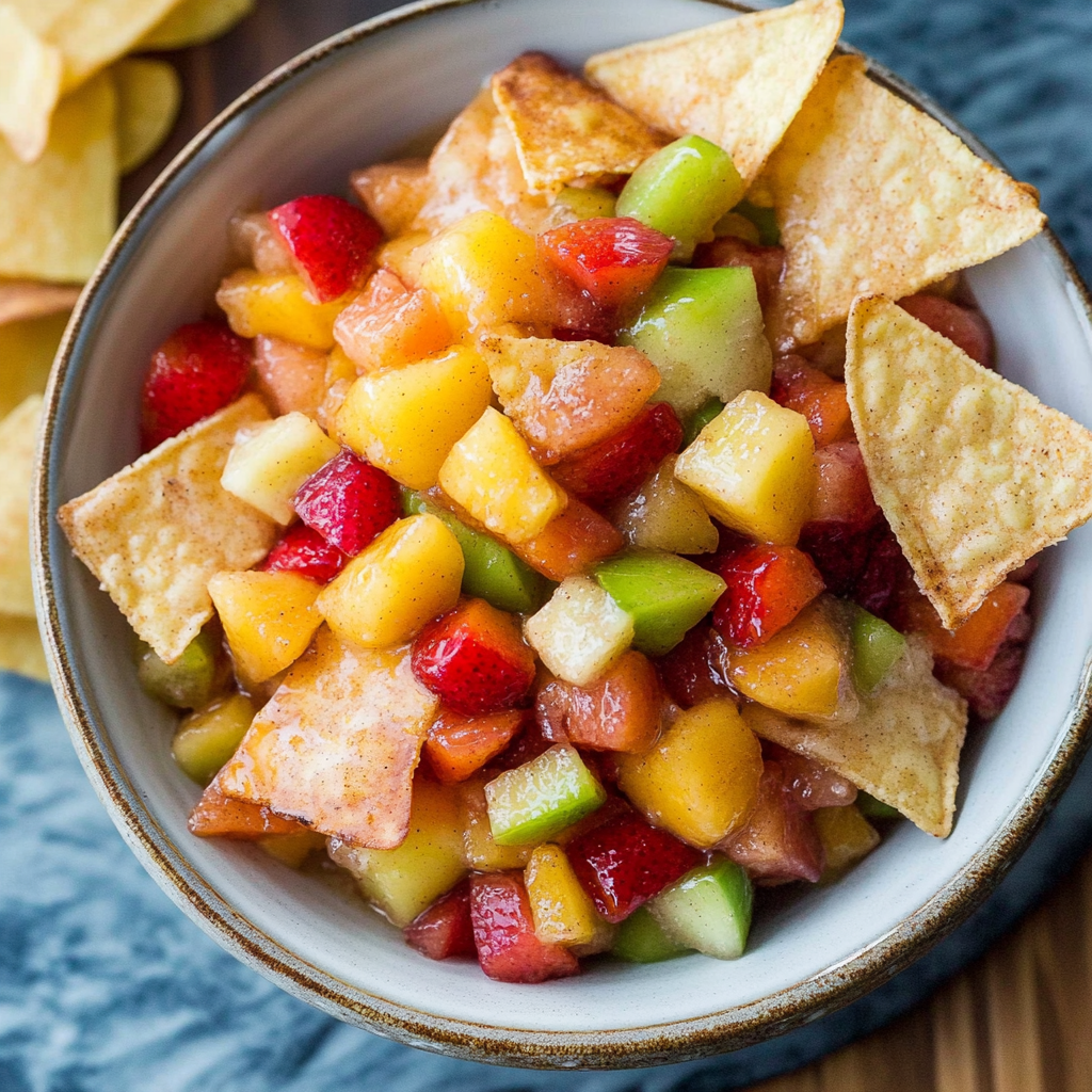 Recipe preparation for Fruit Salsa with Cinnamon Sugar Tortilla Chips