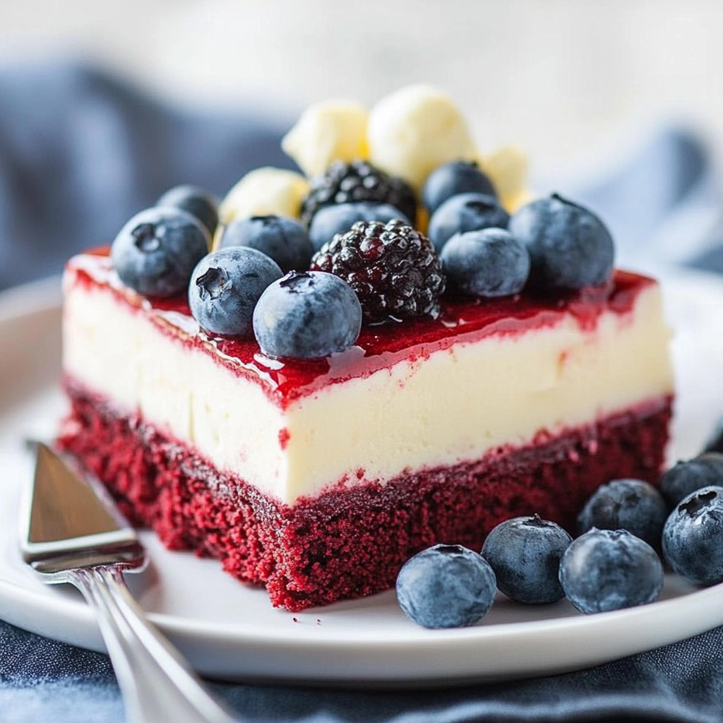 Recipe preparation for Fourth of July Red Velvet Cheesecake Bars