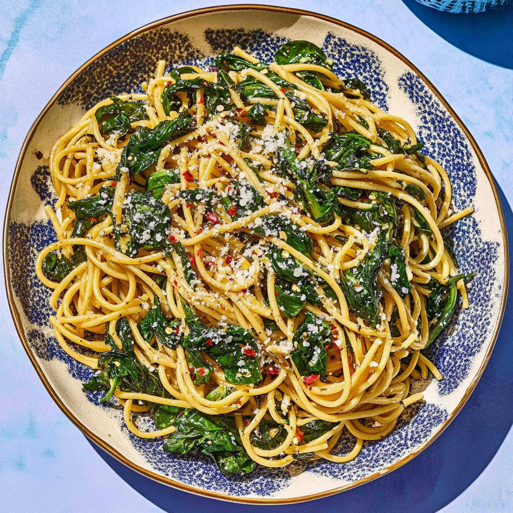 Recipe preparation for Spaghetti with Garlic & Spinach