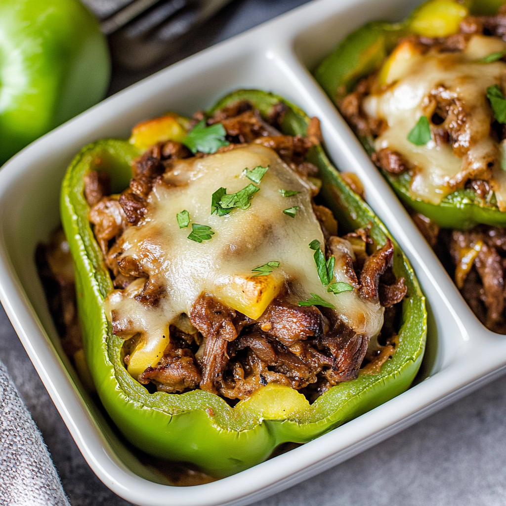 Recipe preparation for Keto Philly Cheesesteak Stuffed Peppers