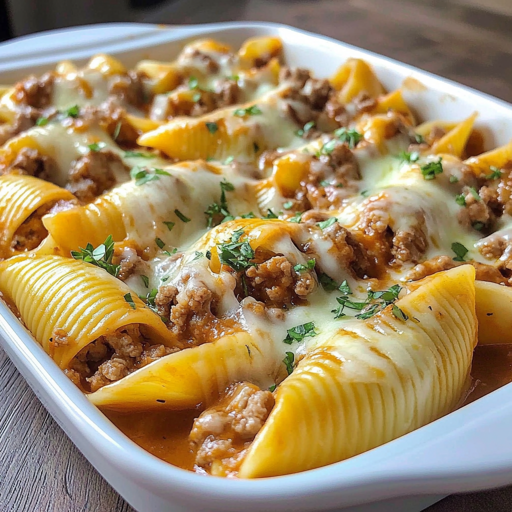 Recipe preparation for Cheesy Taco Stuffed Pasta Shells