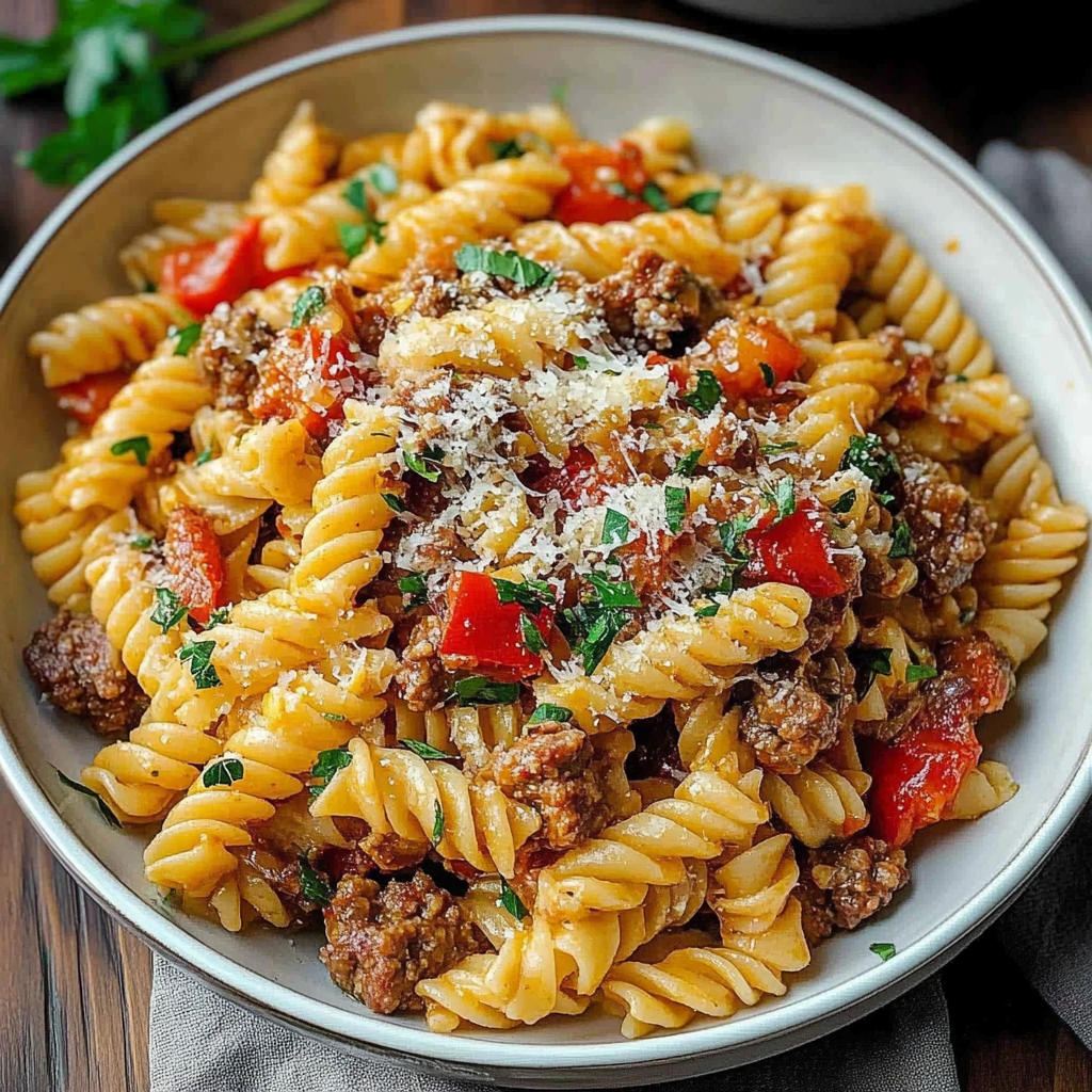 Recipe preparation for Savory Sausage Pepper Pasta