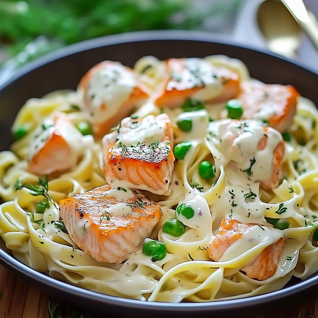 Recipe preparation for Salmon Fettuccine Creamy Alfredo