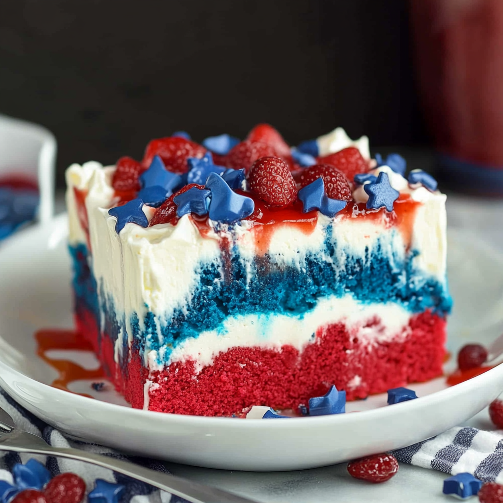 Recipe preparation for 4th of July Patriotic Poke Cake