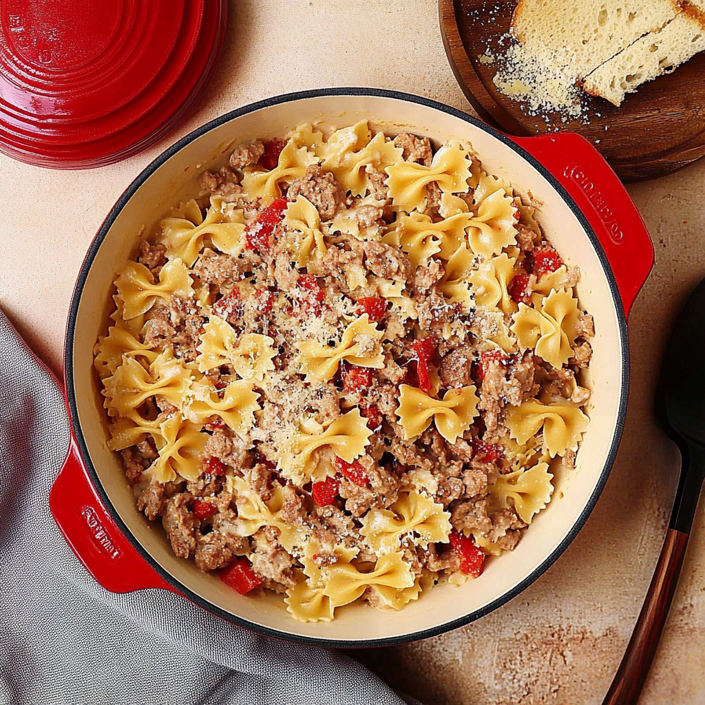 Recipe preparation for Italian Sausage with Bow Tie Pasta