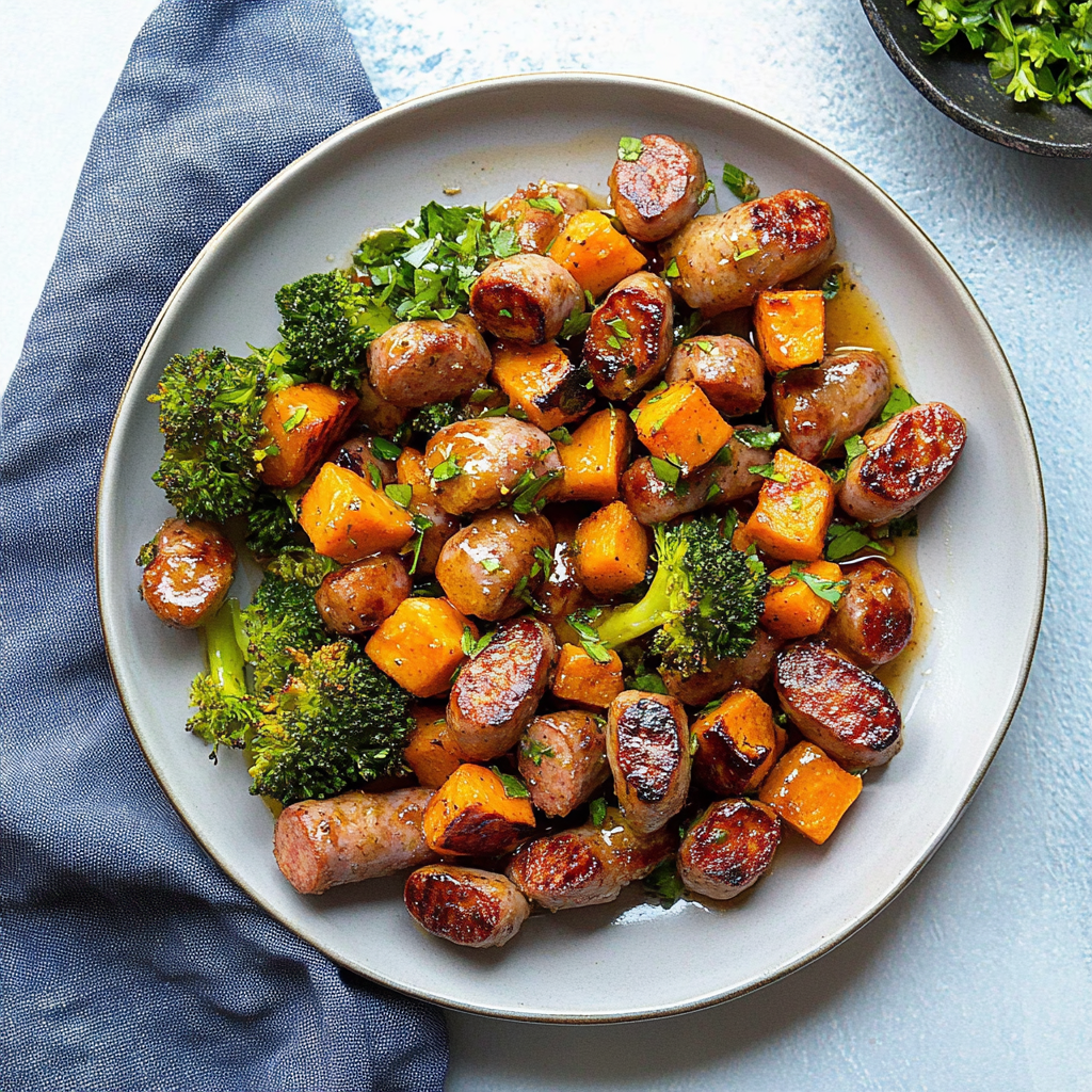 Recipe preparation for Sheet Pan Sausage and Sweet Potatoes with Honey Garlic Sauce