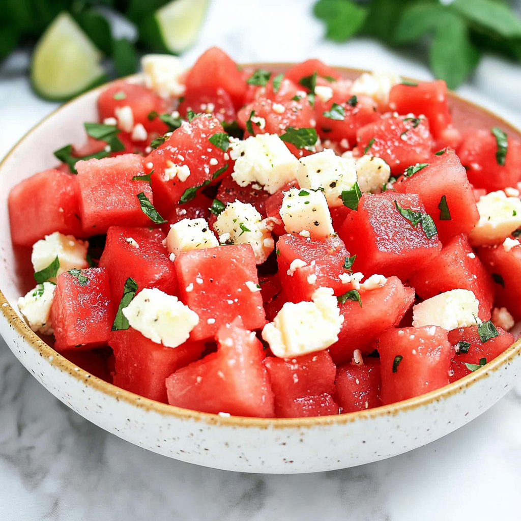 Recipe preparation for Watermelon Feta Mint Salad