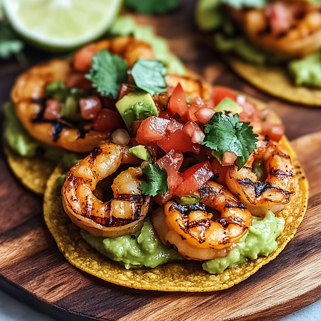 Recipe preparation for Grilled Shrimp Tostadas with Guacamole & Pico de Gallo