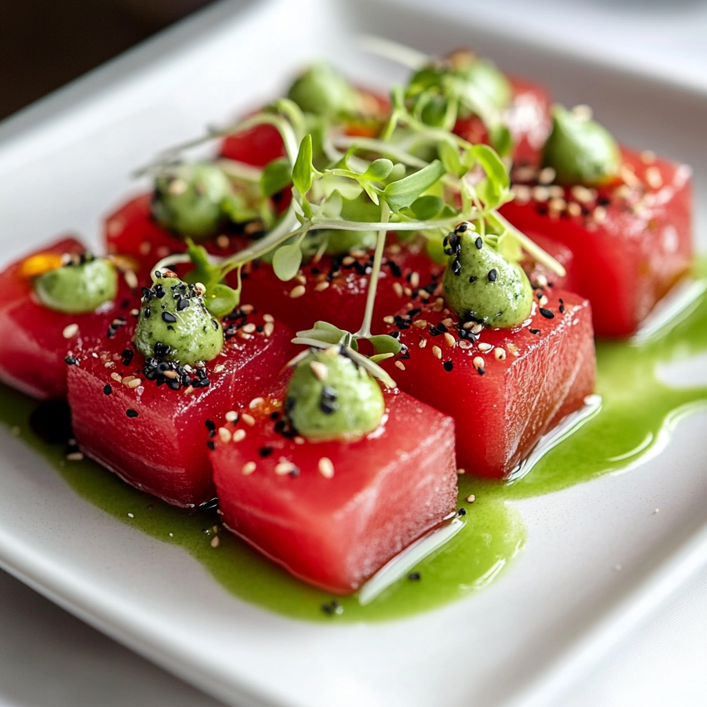 Recipe preparation for Watermelon Sashimi with Avocado-Wasabi Cream