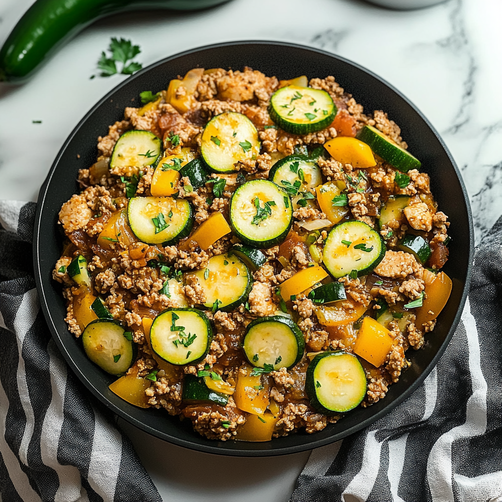 Recipe preparation for Ground Turkey and Zucchini Skillet