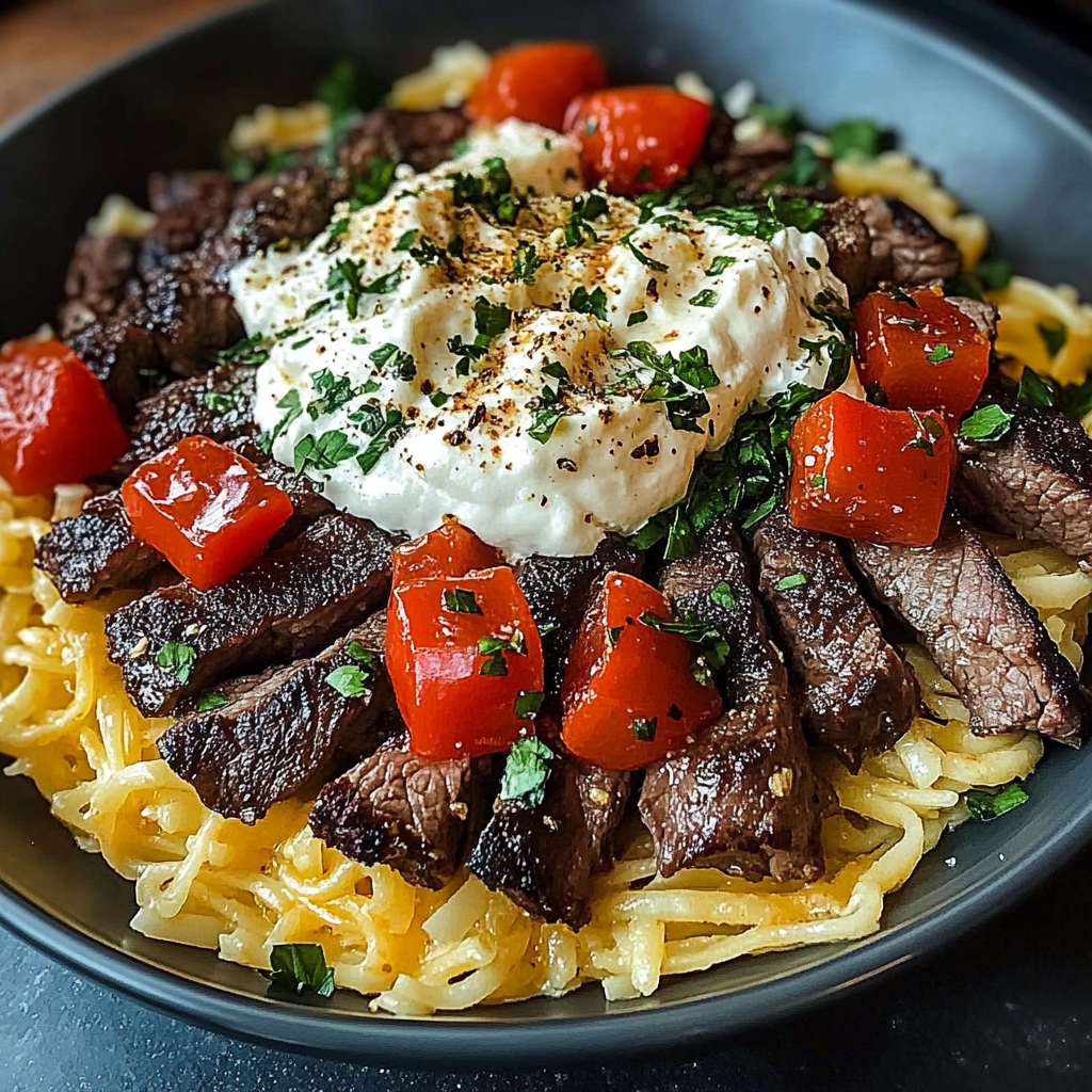 Recipe preparation for Garlic Steak Pasta