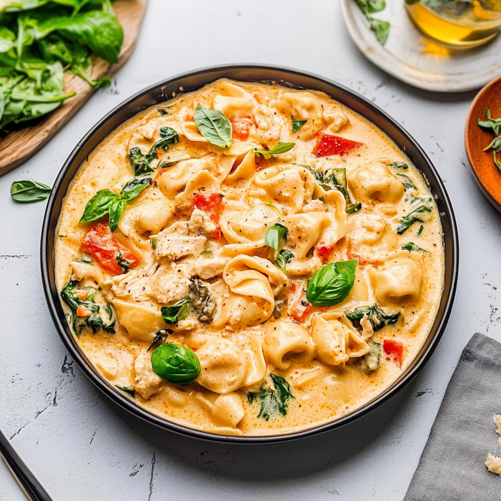 Recipe preparation for Creamy Chicken Tortellini with Veggies