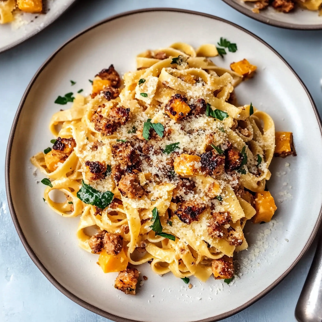 Recipe preparation for Creamy Butternut Squash Pasta with Sausage