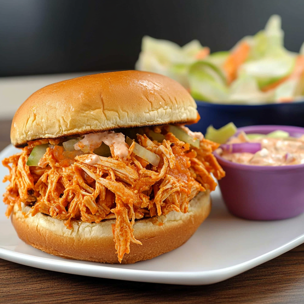 Recipe preparation for Spicy Shredded Buffalo Chicken Sandwich