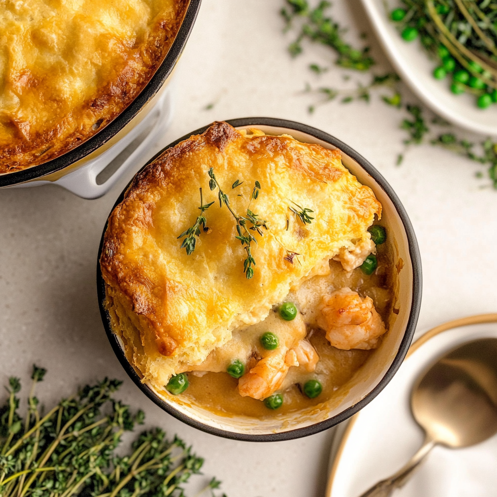 Recipe preparation for Cheddar Bay Biscuit Seafood Pot Pie
