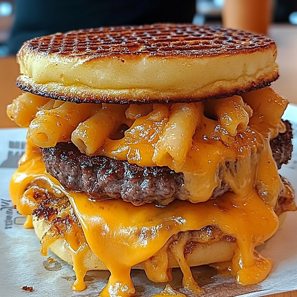 Recipe preparation for Macaroni and Cheese WAFFLE Cheeseburger