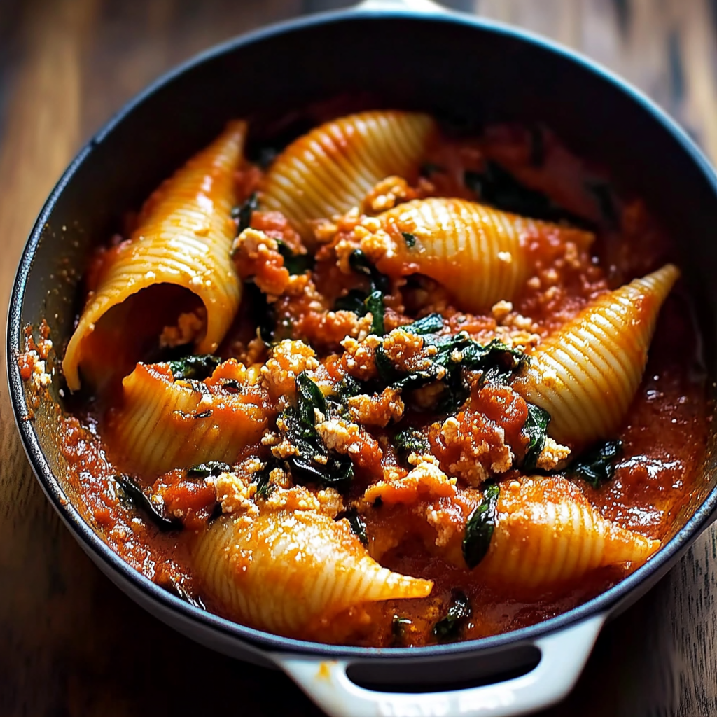 Recipe preparation for Unstuffed Spicy Tomato Basil Shells with Whipped Ricotta