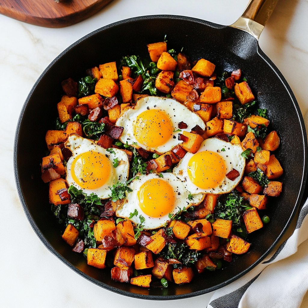Recipe preparation for Sweet Potato Hash with Eggs