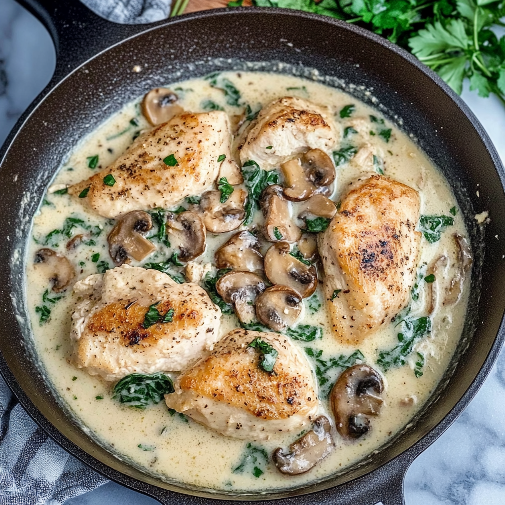 Recipe preparation for Creamy Chicken Mushroom Spinach Skillet