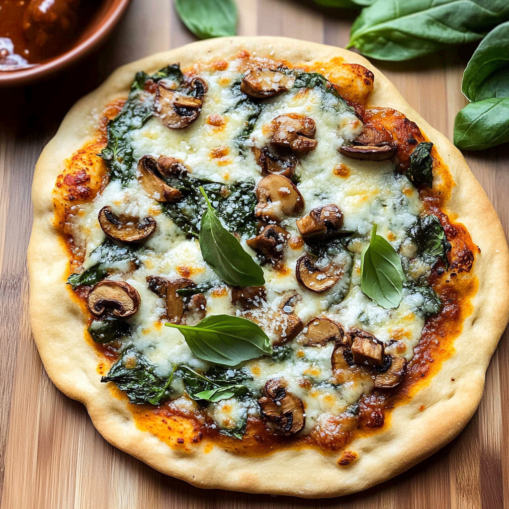 Recipe preparation for Spinach & Mushroom Naan Pizza