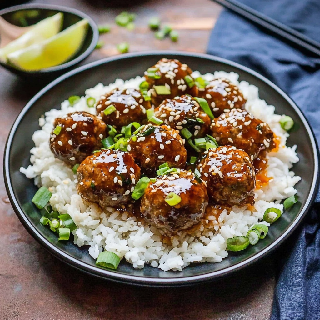 Recipe preparation for Honey Garlic Meatball Rice Bake