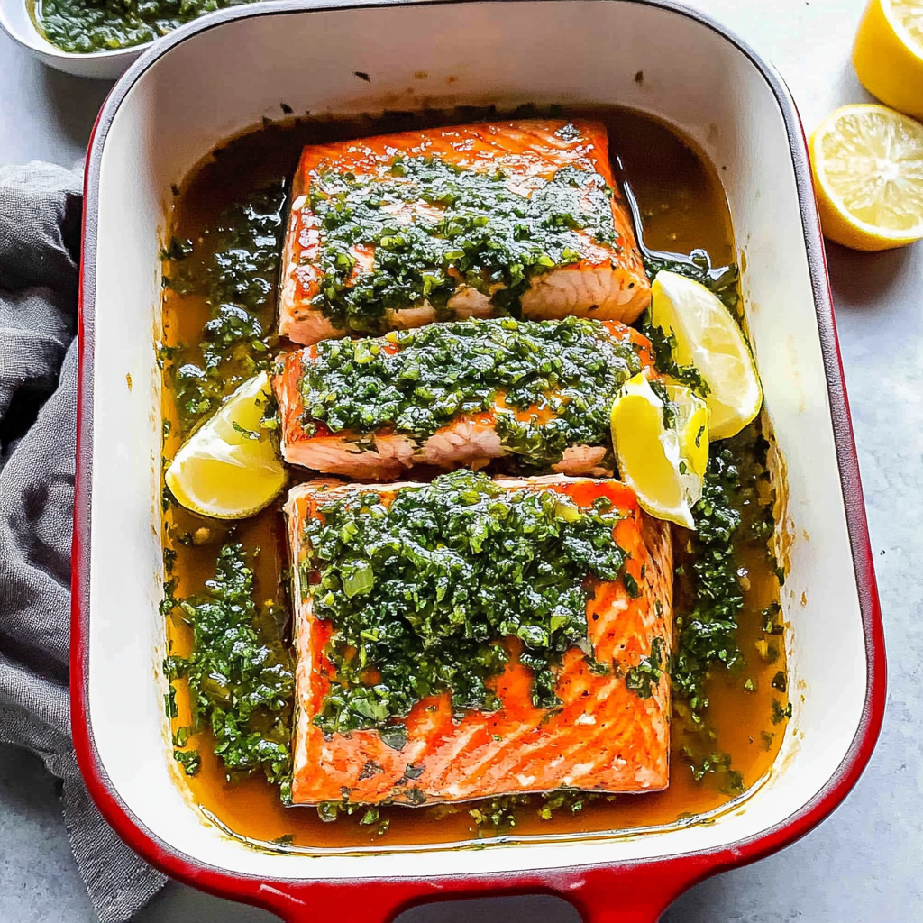 Recipe preparation for Roasted Salmon with Salsa Verde