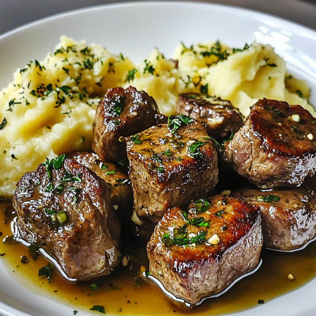 Recipe preparation for Garlic Butter Steak Bites Mash