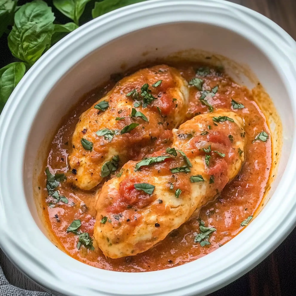 Recipe preparation for Slow Cooker Creamy Tomato Basil Chicken