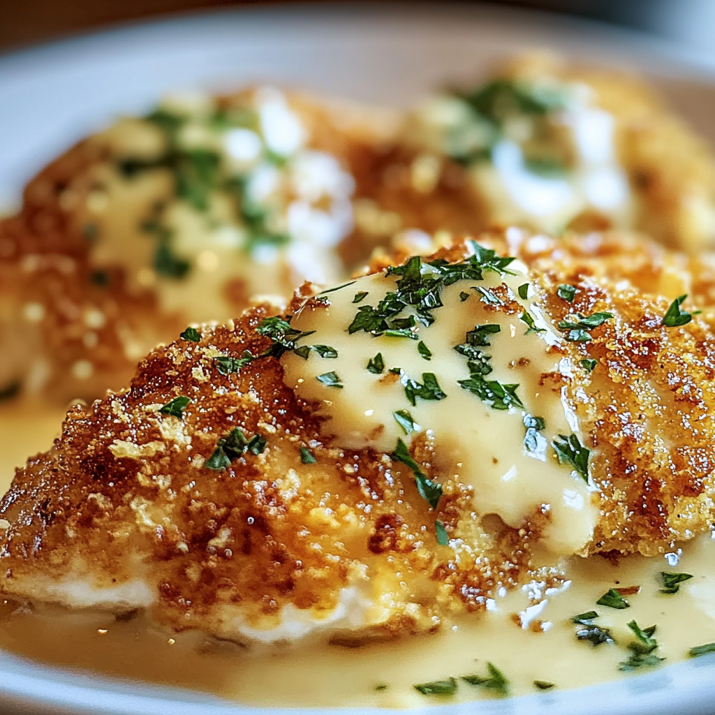 Recipe preparation for Parmesan Crusted Chicken with Creamy Garlic Sauce