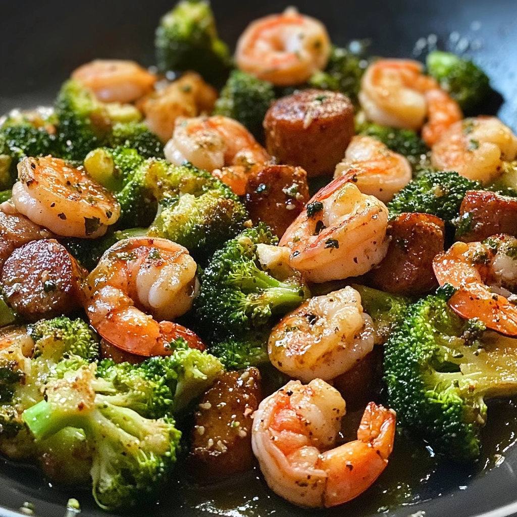 Recipe preparation for Honey Garlic Shrimp and Sausage with Broccoli