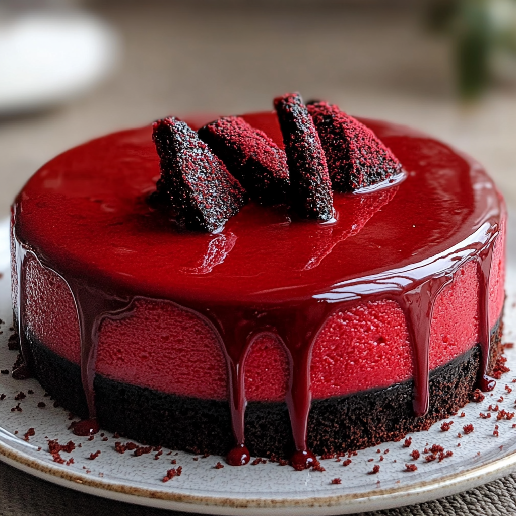Recipe preparation for Vampire Bite Red Velvet Cheesecake