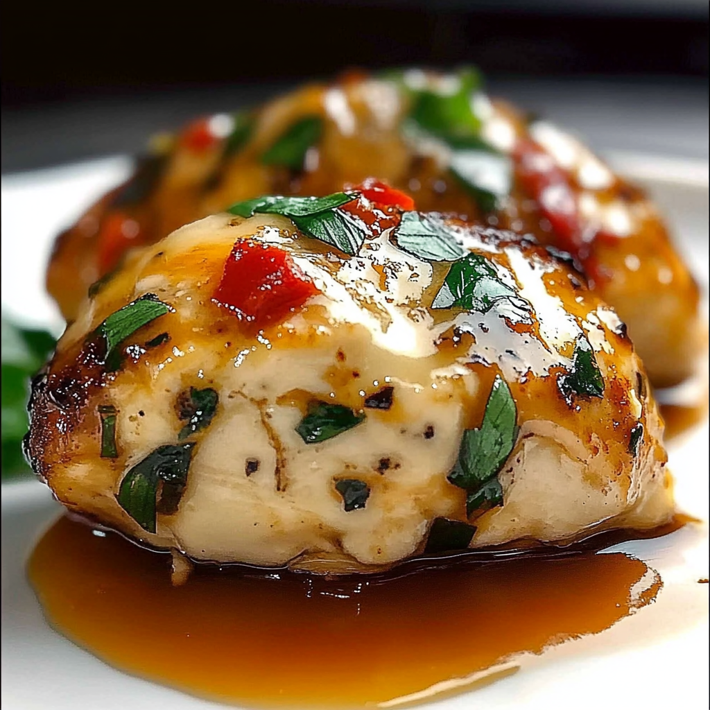 Recipe preparation for Roasted Red Pepper Mozzarella Chicken