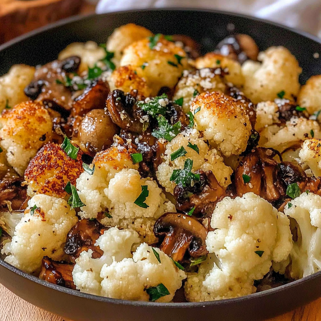 Recipe preparation for Garlic Cauliflower Mushroom Skillet