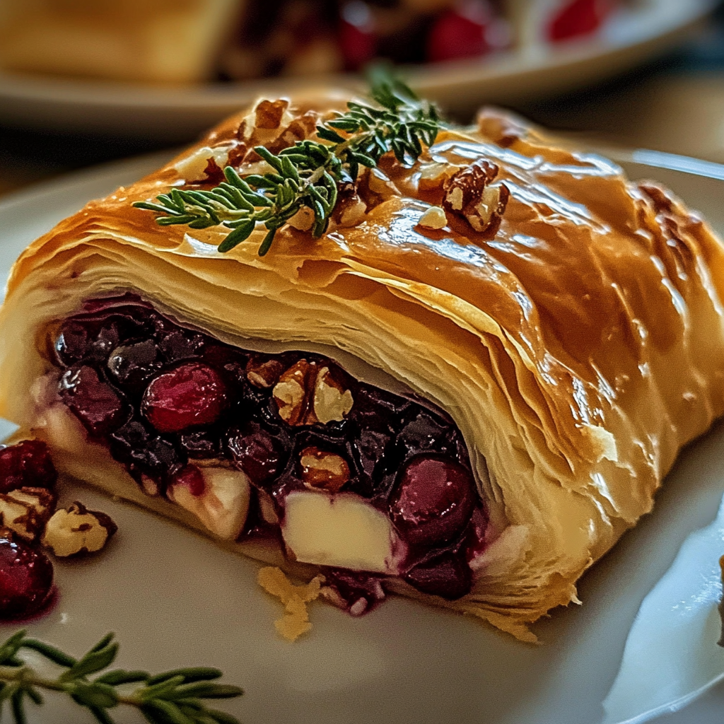 Recipe preparation for Cranberry Pecan Brie in Flaky Puff Pastry