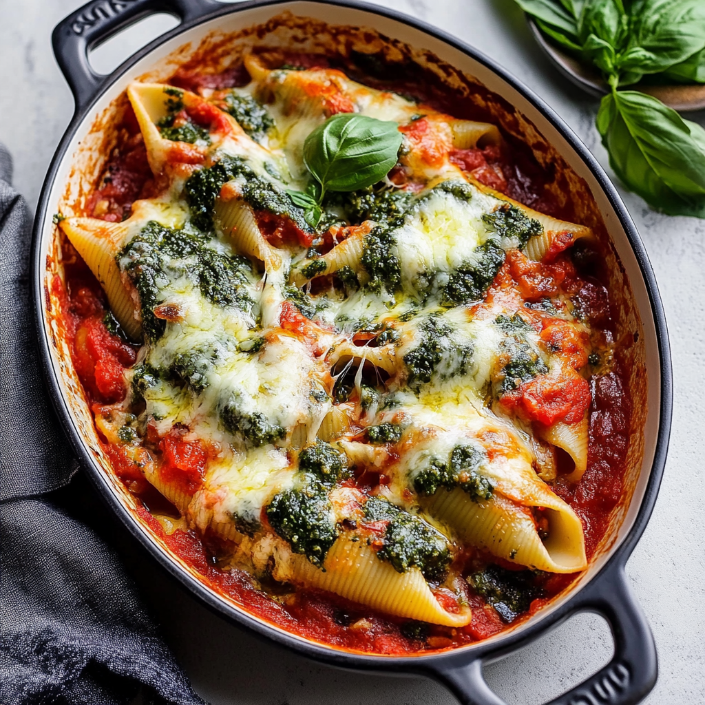 Recipe preparation for Pesto Stuffed Shells with Vodka Sauce
