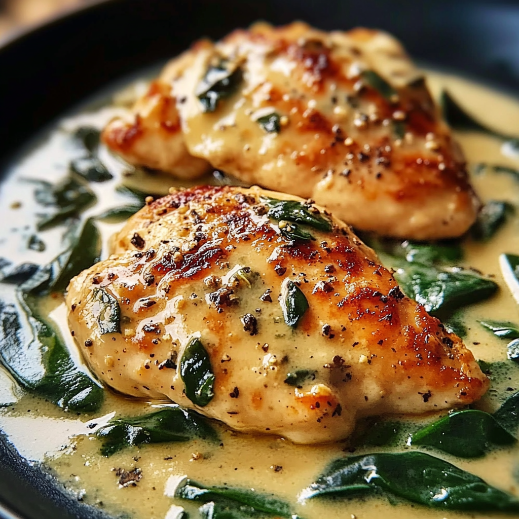Recipe preparation for Creamy Garlic Chicken Spinach