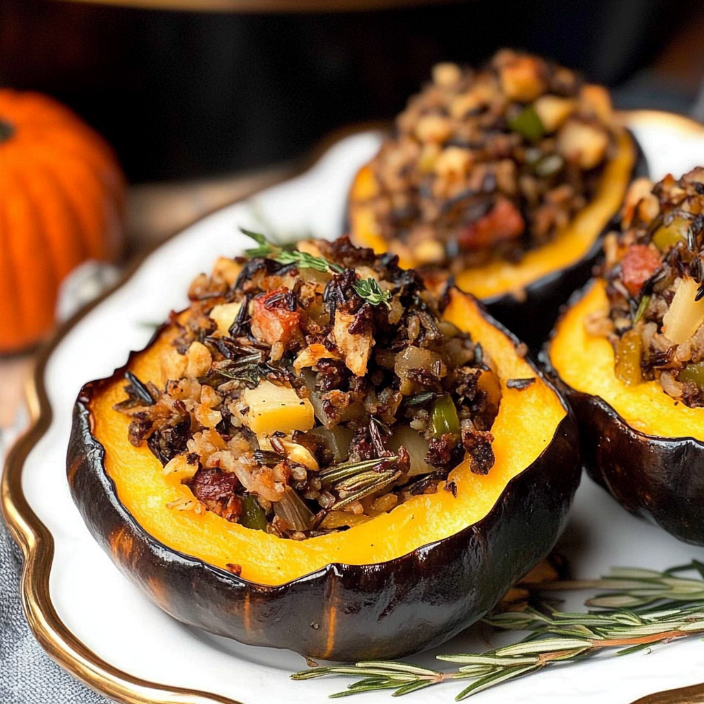 Recipe preparation for Stuffed Acorn Squash with Wild Rice
