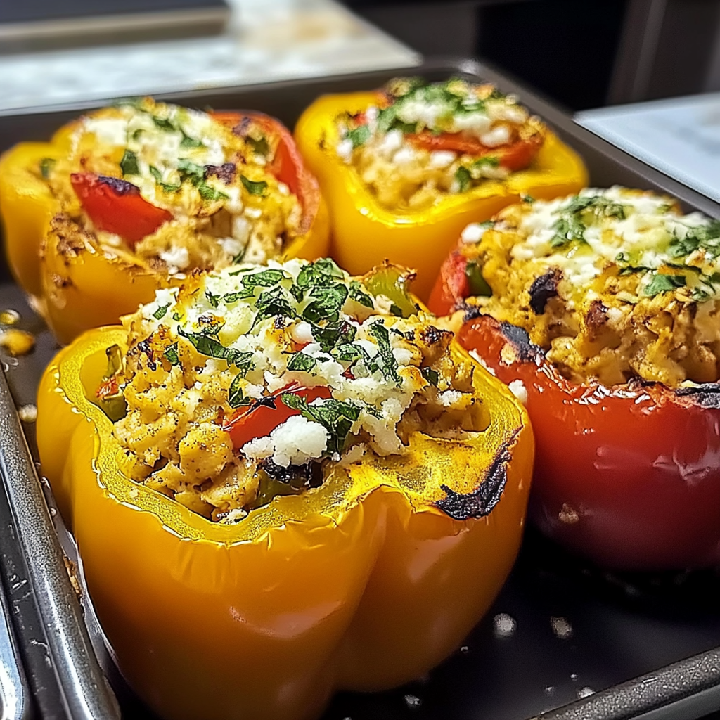 Recipe preparation for Greek Chicken Stuffed Peppers