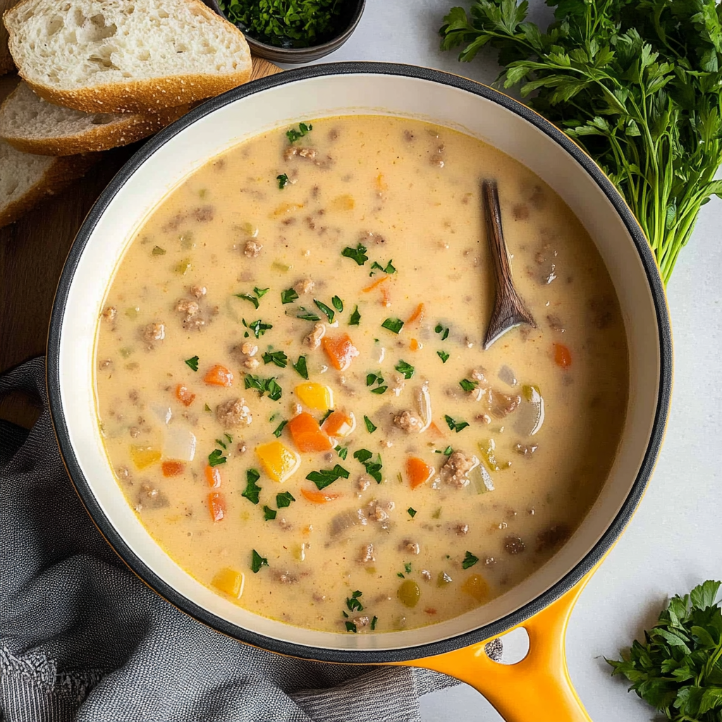 Recipe preparation for Creamy Hearty Cheeseburger Soup