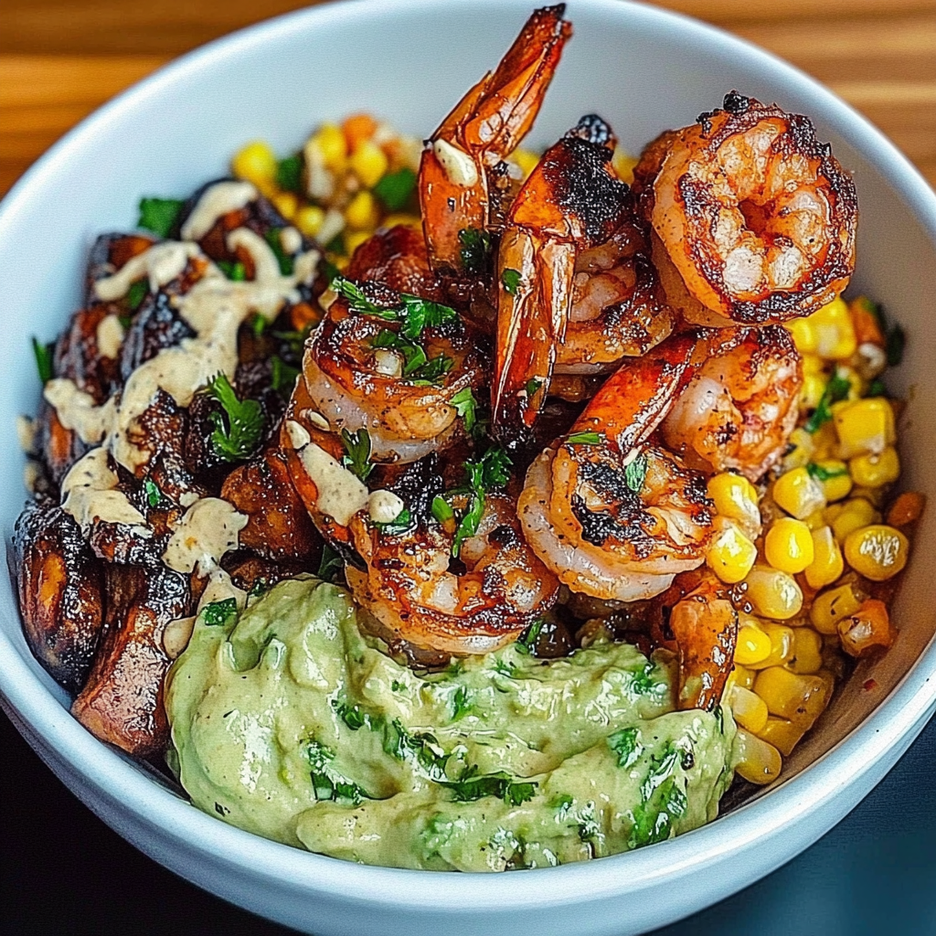 Recipe preparation for Grilled Shrimp Bowl with Avocado Corn Salsa & Creamy Sauce